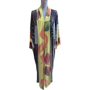 Colorful Art-to-Wear Painting Julia Hill Velvet Boho Open Front Kimono Duster